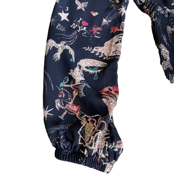 Nicole Miller NY black long puff sleeve blouse smocked waist holiday print XS - Picture 7 of 14